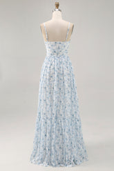 Blaues Bedrucktes Blumen Spaghettiträger Kleid für Hochzeitsgäste